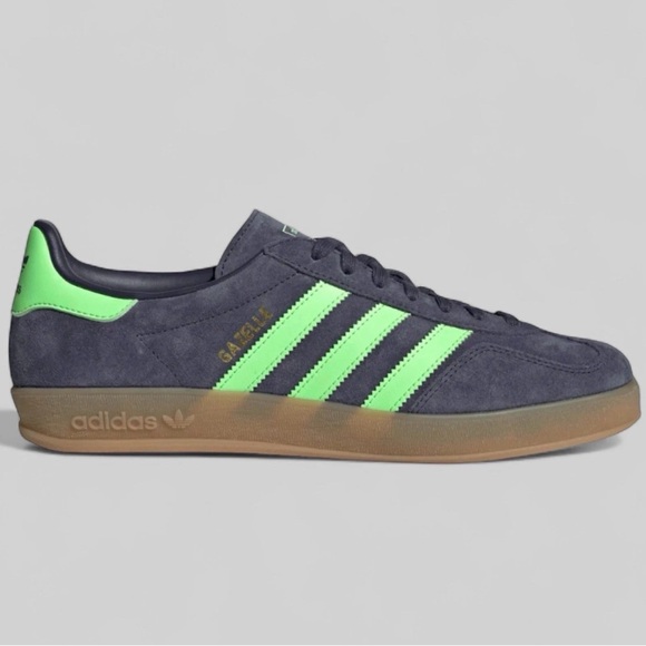 Adidas Originals Gazelle Indoor Men’s 9.5 Gray Neon Green Gum Sole Sneakers NIB - Picture 6 of 6